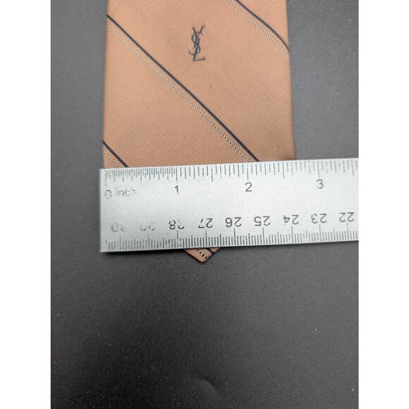 Yves Saint Laurent Tie Mens Brown Blue Stripe YSL Logo Necktie Classic Old Money - Picture 4 of 5